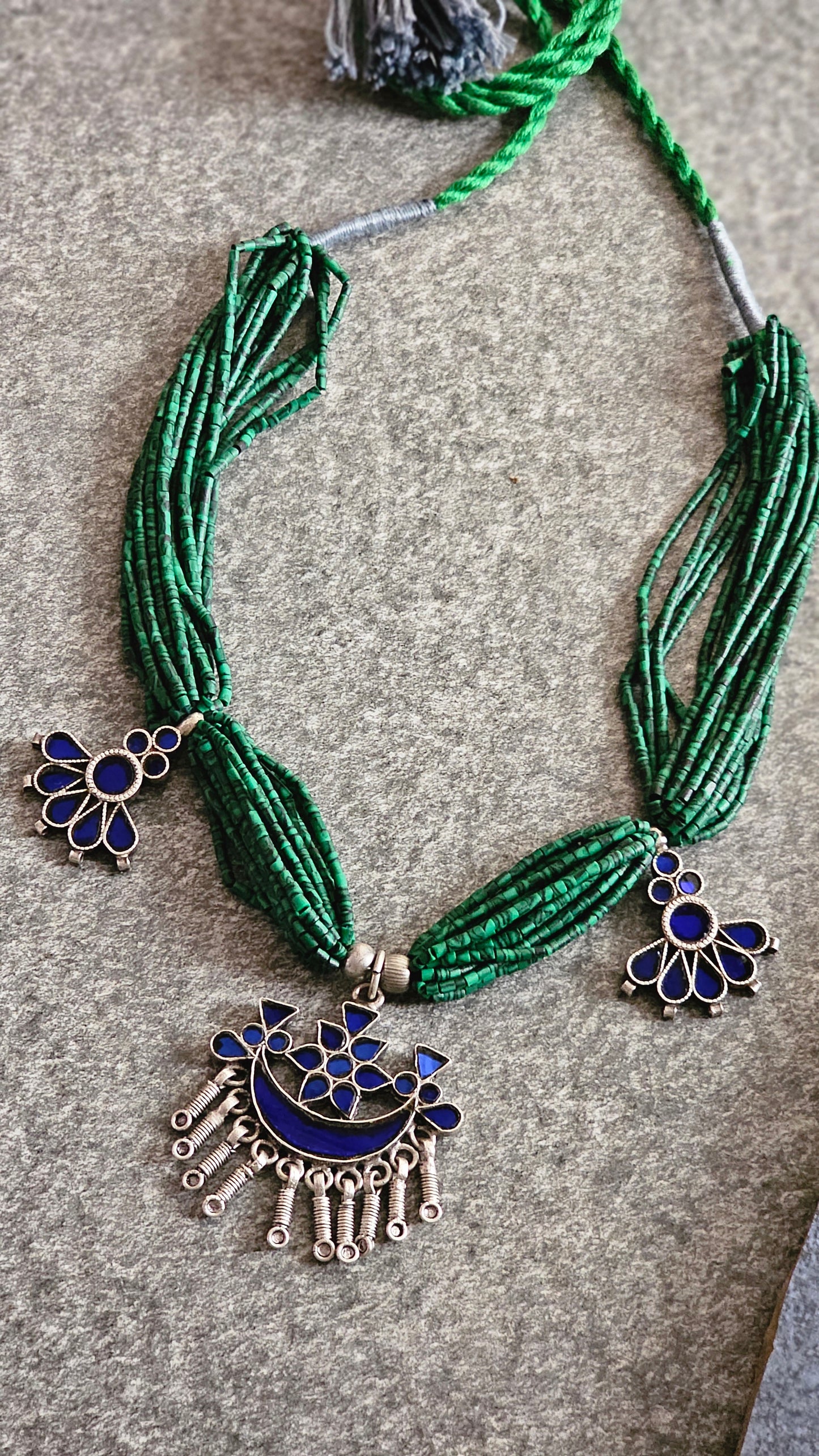 NEELVAN| Malachite & Vintage Blue Glass Necklace