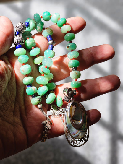Chrysoprace gemstone necklace abalone shell pendant