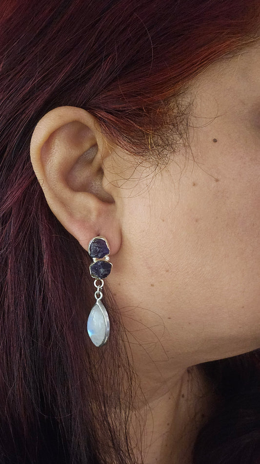 Chandrika – Rough Amethyst & Moonstone Danglers