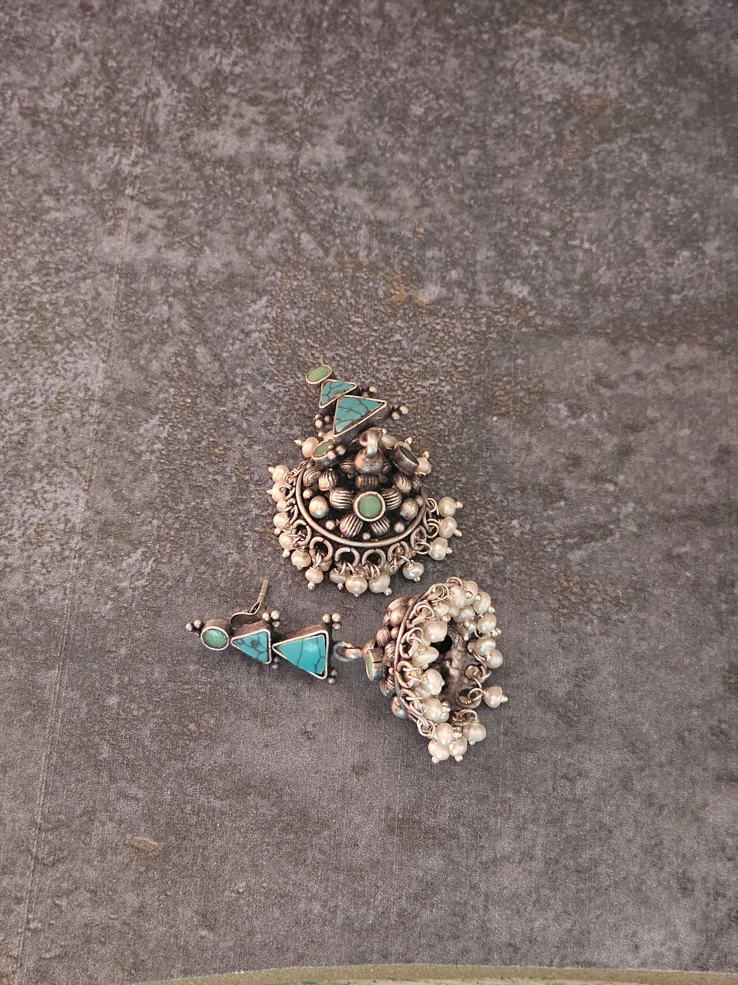 Turquoise silver jhumkas