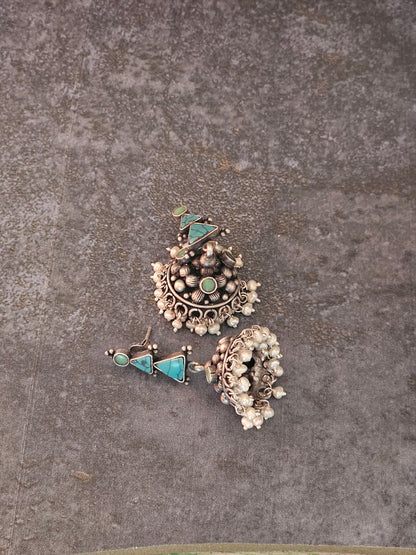 Turquoise silver jhumkas