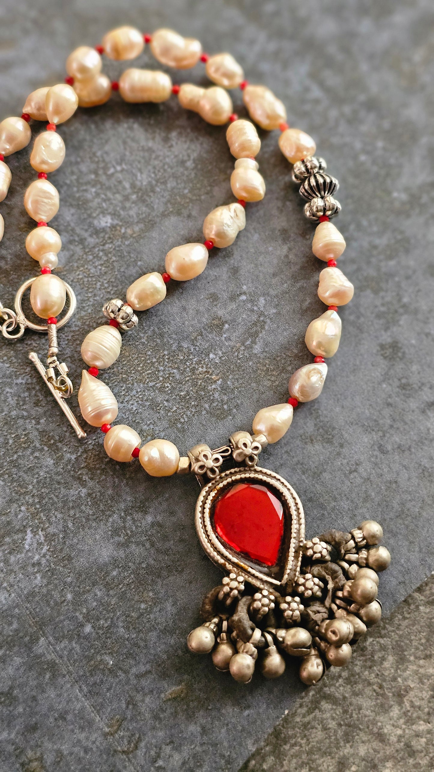 Scarlet Relic|Soul Strung| Freshwater Baroque Pearls × Vintage Blood Red Glass Pendant