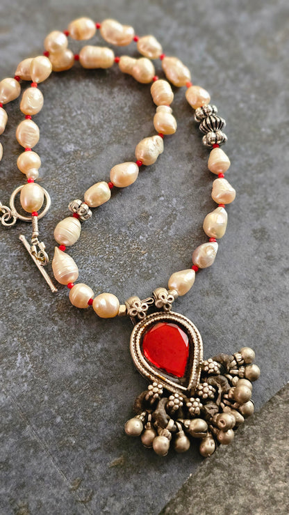 Scarlet Relic|Soul Strung| Freshwater Baroque Pearls × Vintage Blood Red Glass Pendant