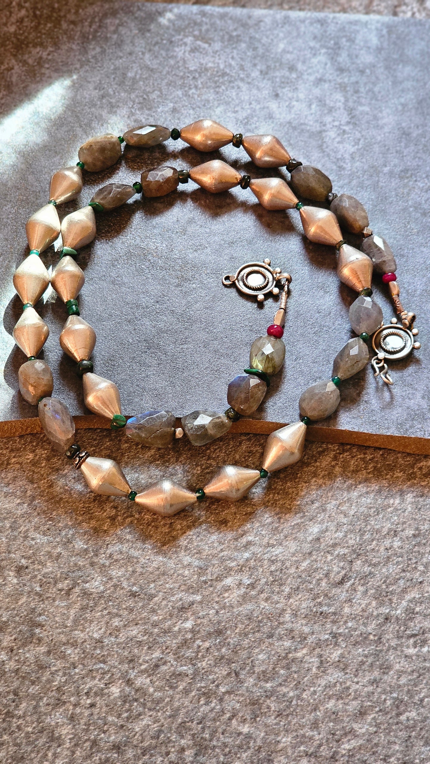 Fire Labradorite with silver dholki beads necklace
