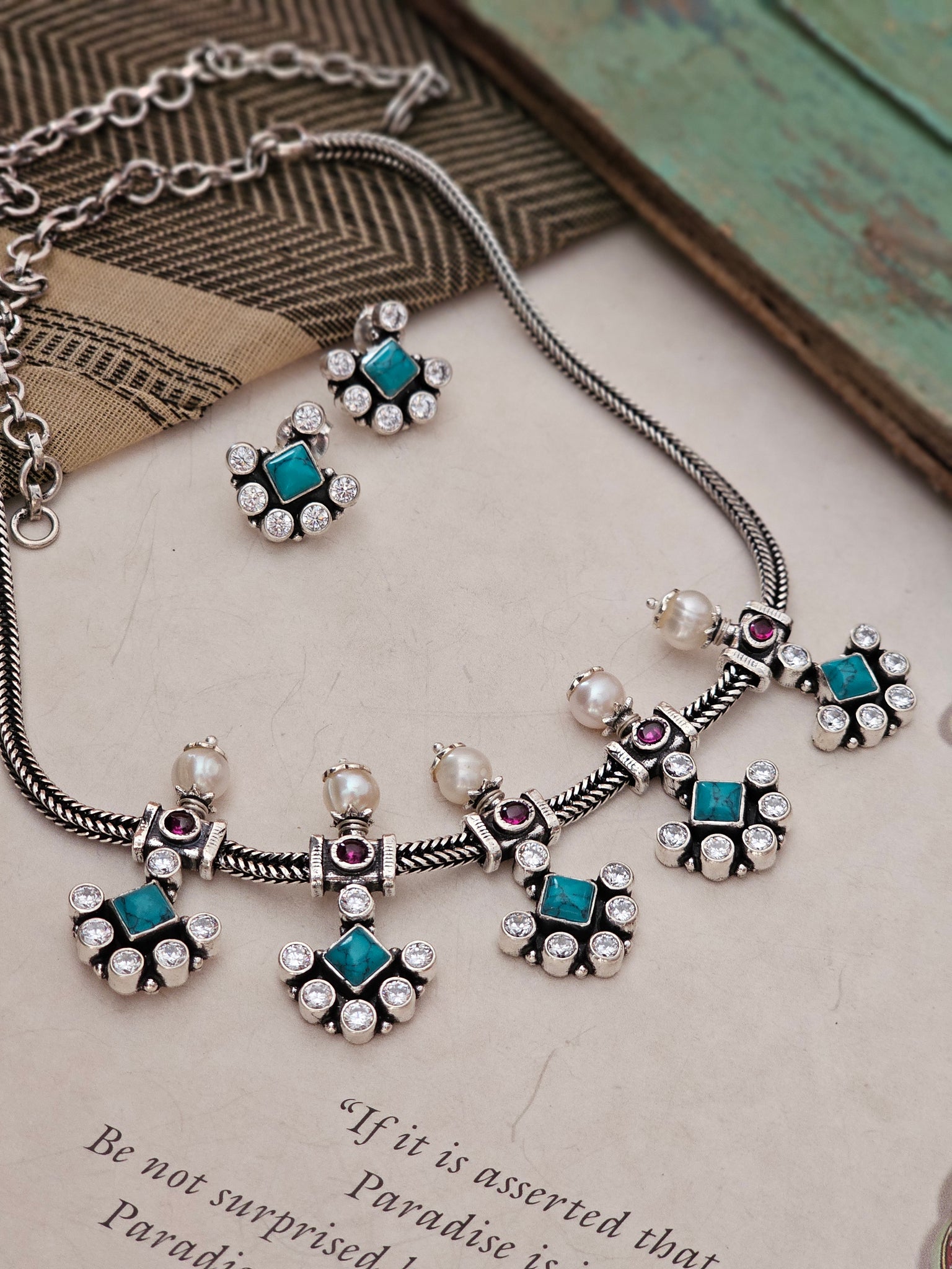 "Shop Vasuki’s 92.5 silver turquoise & zircon necklace set – versatile, handcrafted elegance for everyday wear, festive looks & timeless gifting."