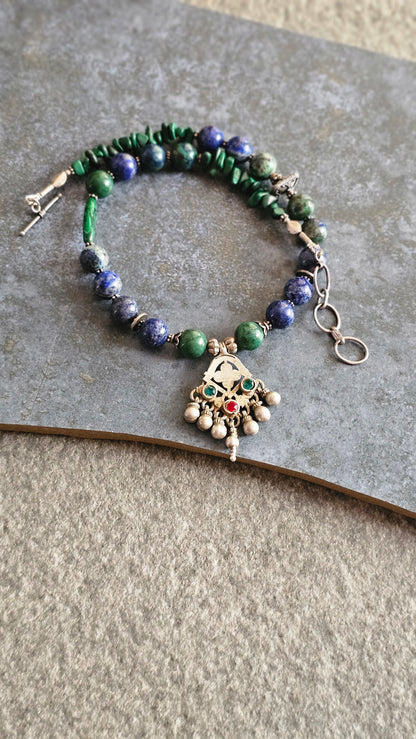 Azurite Malachite gemstone necklace vintage pendant