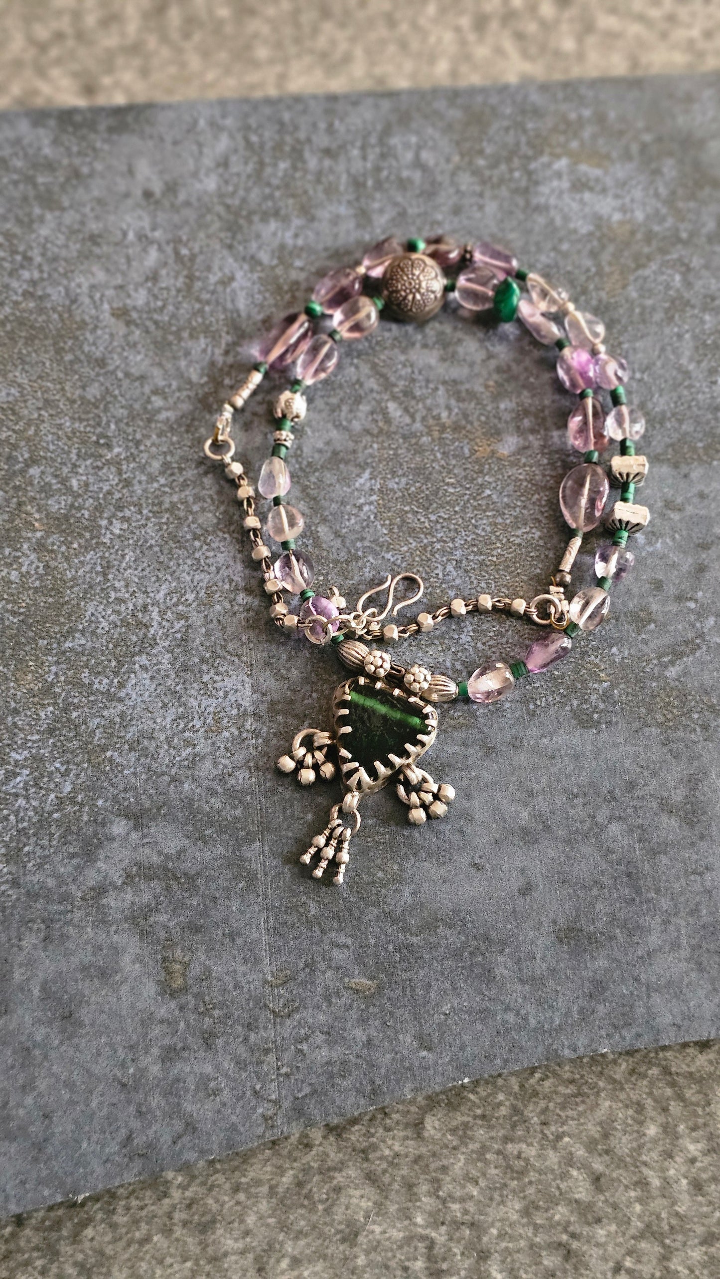 Vintage Glass Pendant Necklace with Amethyst & Malachite in 92.5 Silver
