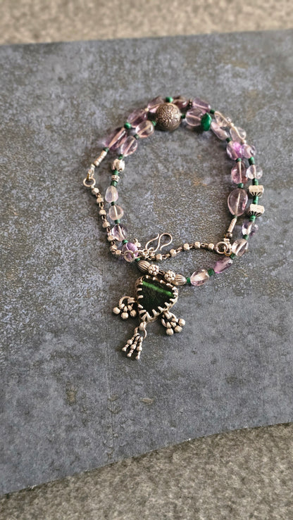 Vintage Glass Pendant Necklace with Amethyst & Malachite in 92.5 Silver