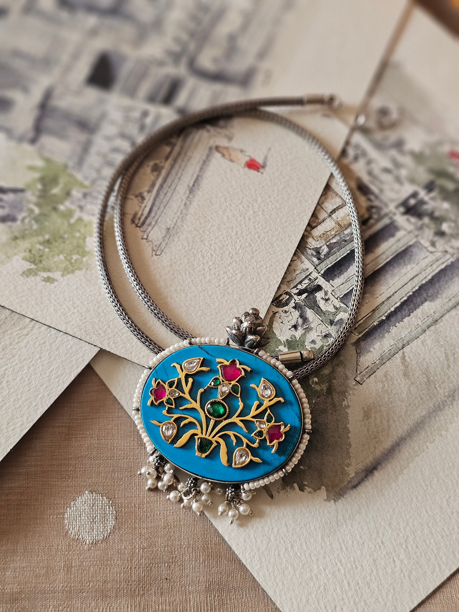Mughal Muse — 92.5 Silver Mesh Necklace with Turquoise & Kundan Inlay
