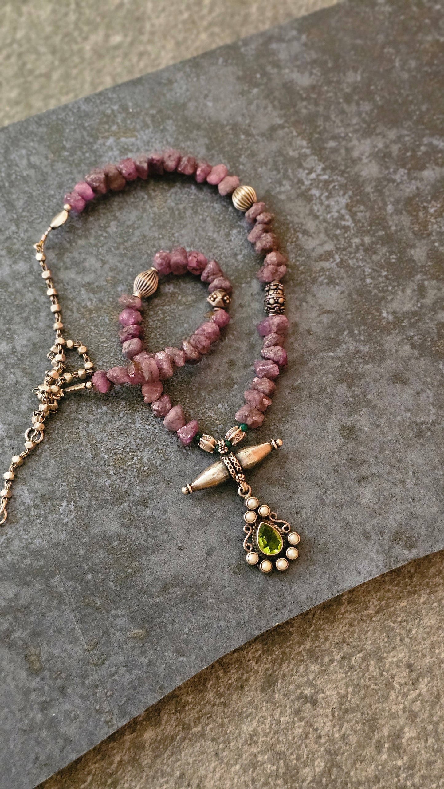 Rough uncut Ruby necklace with Peridot pendant