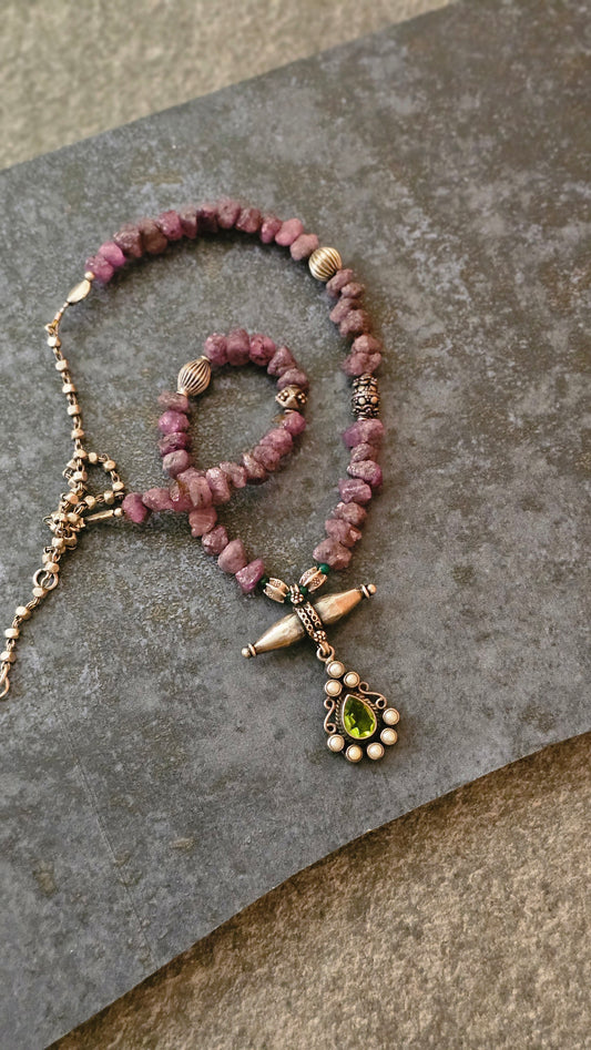 Rough uncut Ruby necklace with Peridot pendant
