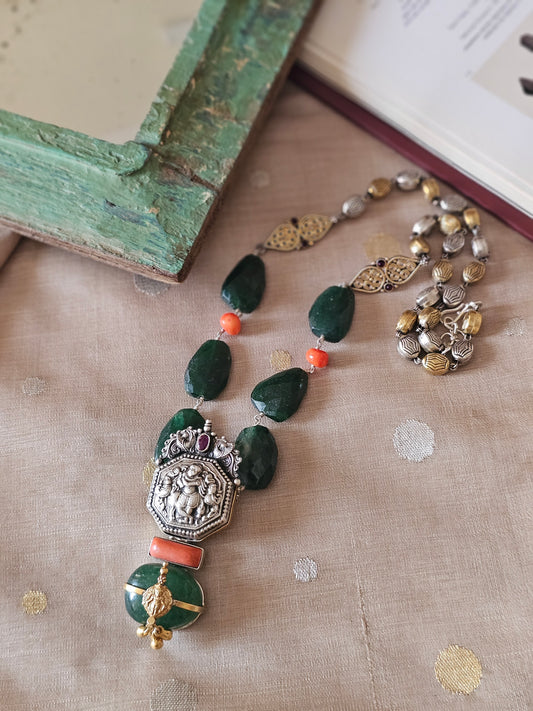Krsna Nakash Silver Krishna Pendant Necklace | 92.5 Silver Necklace with Emerald Nuggets, Coral & Two-Tone Chain