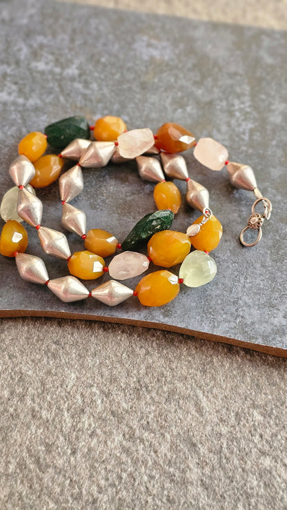 Mixed gemstones necklace with silver wax dholki beads