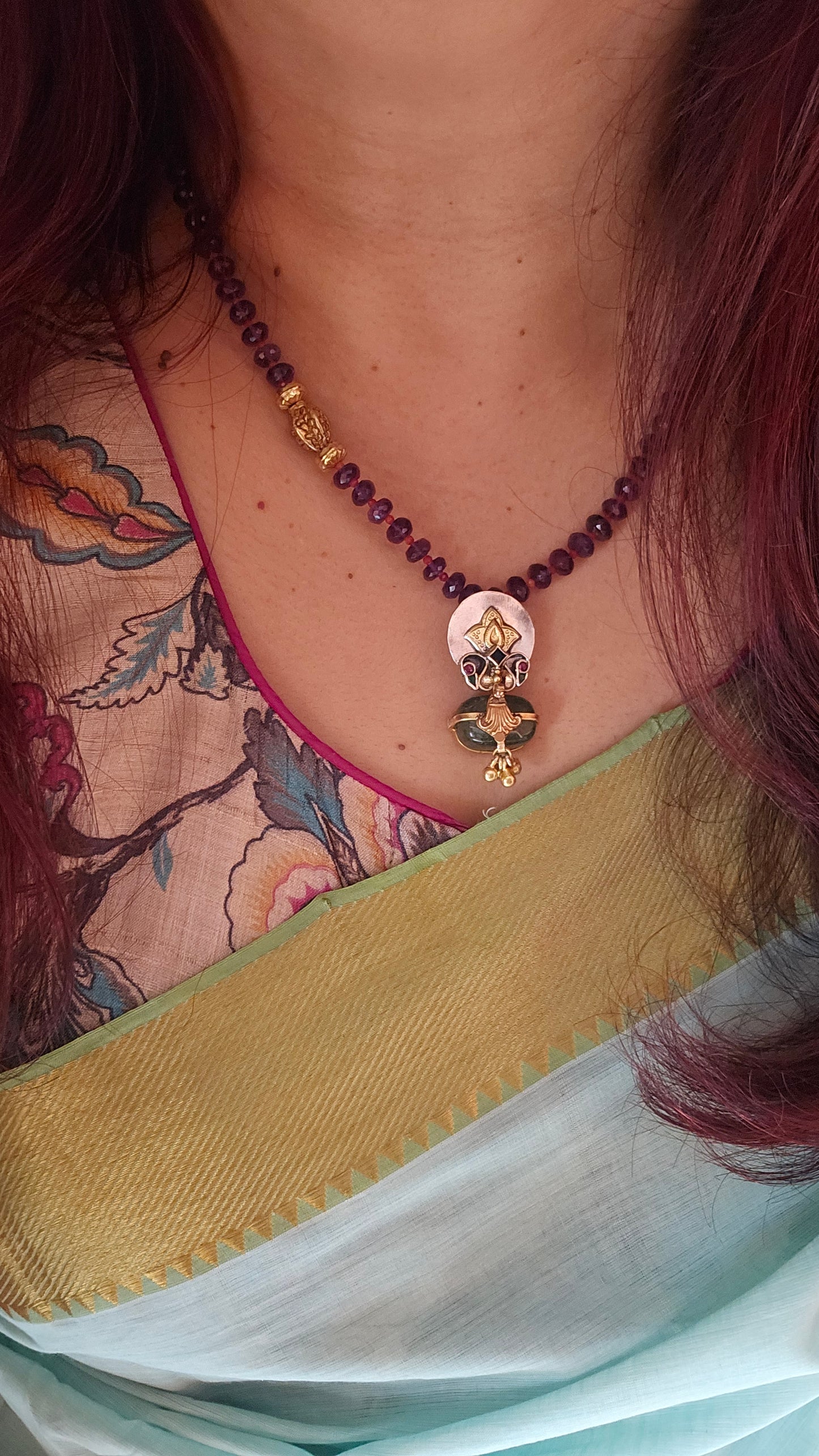 Amethyst necklace with two tone pendant emerald tumble