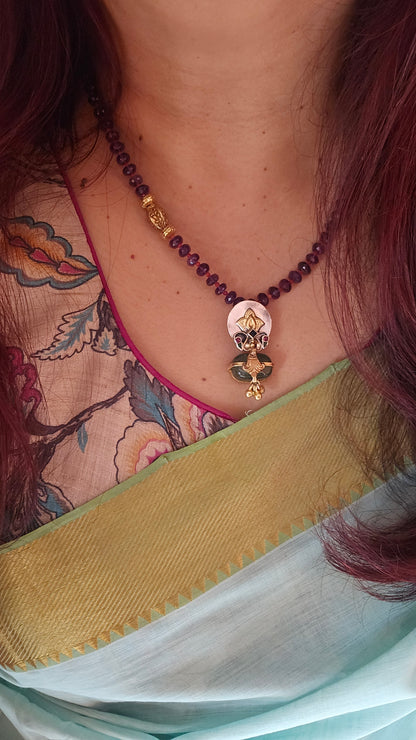 Amethyst necklace with two tone pendant emerald tumble