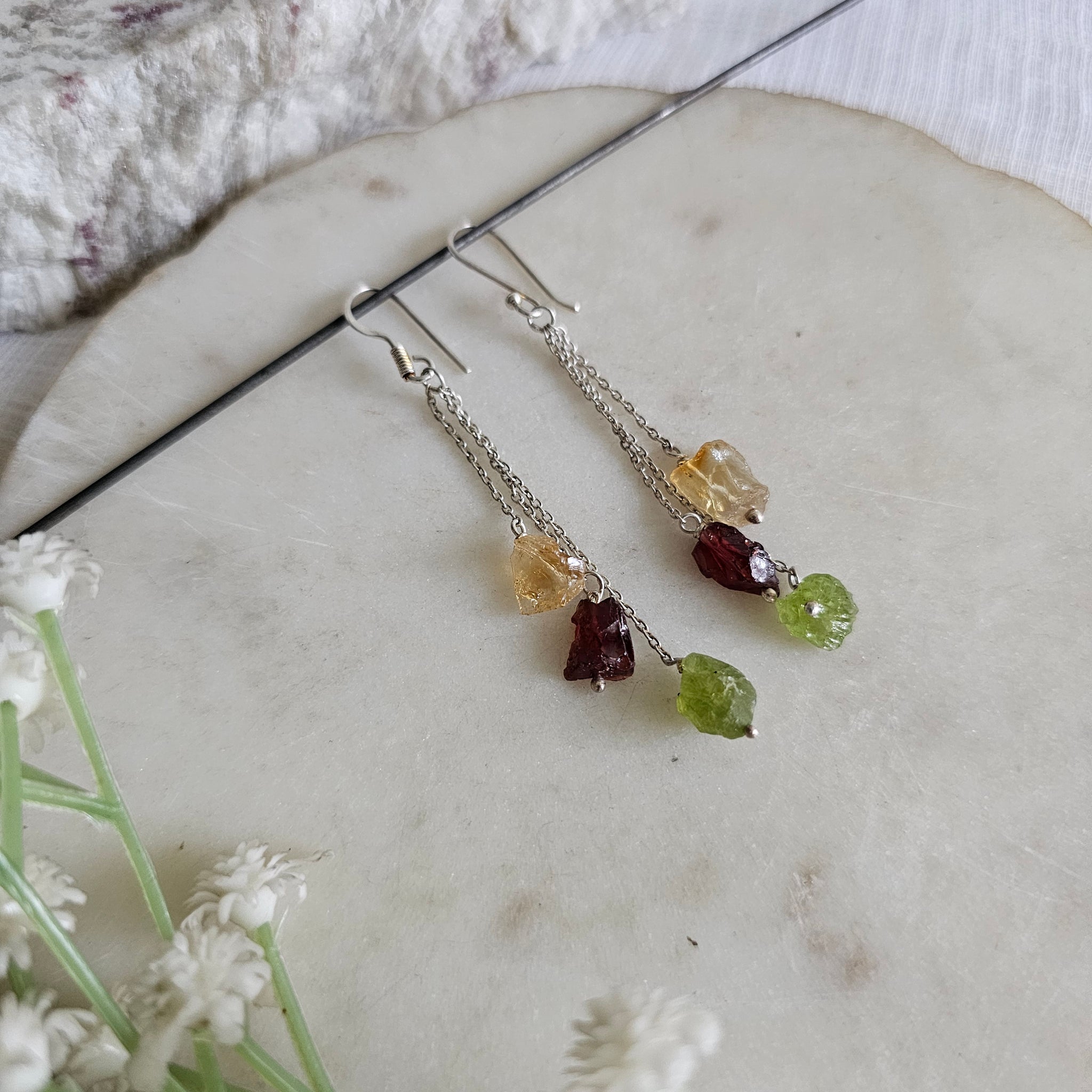 Silver 92.5 uncut Peridot Amethyst citrine earrings