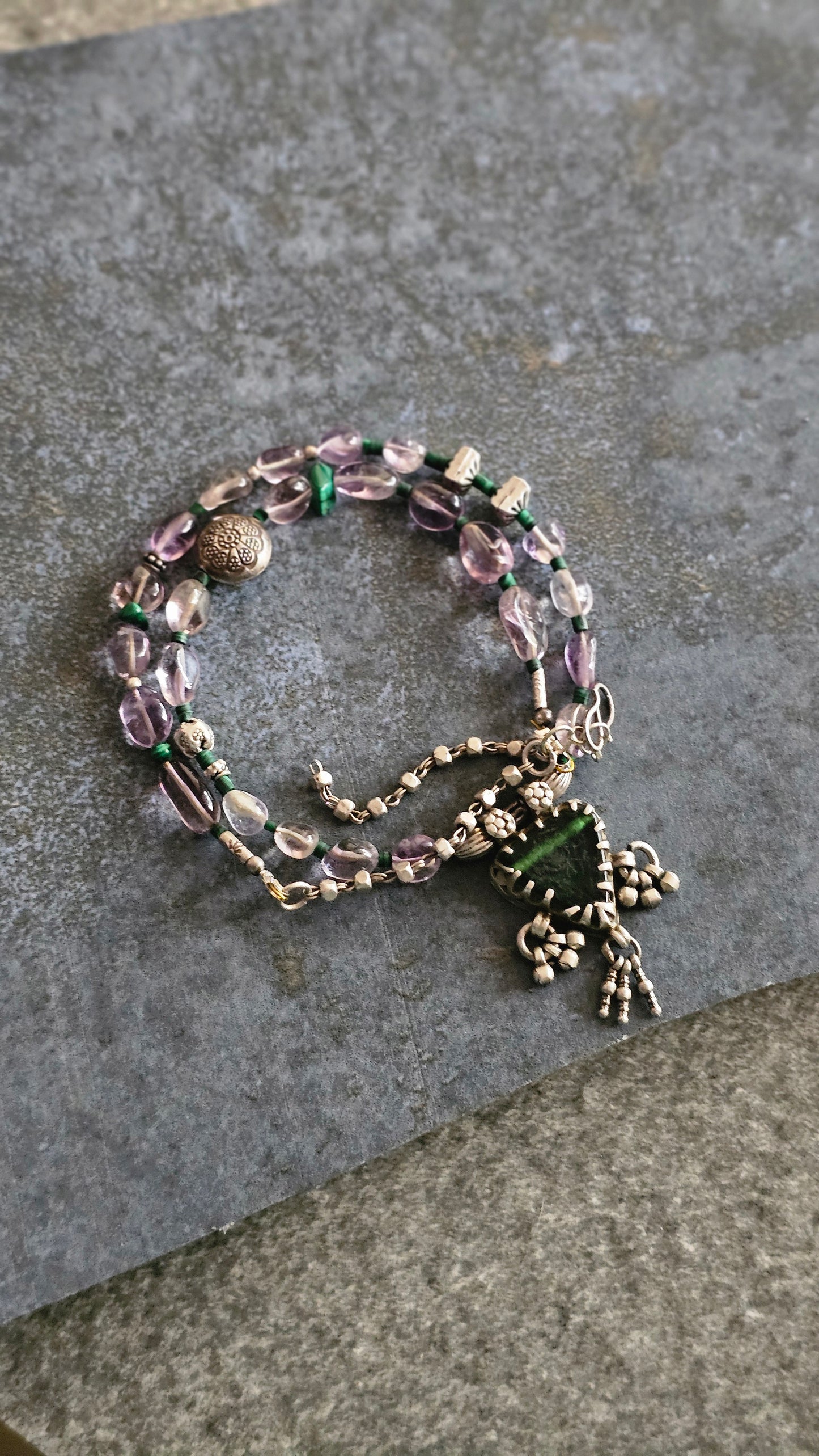 Vintage Glass Pendant Necklace with Amethyst & Malachite in 92.5 Silver
