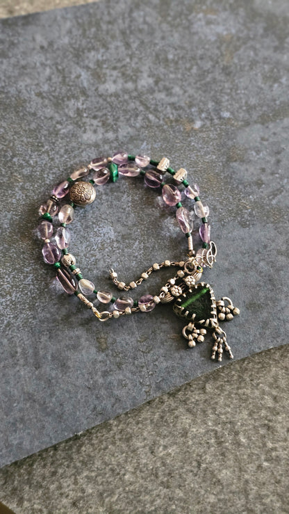 Vintage Glass Pendant Necklace with Amethyst & Malachite in 92.5 Silver
