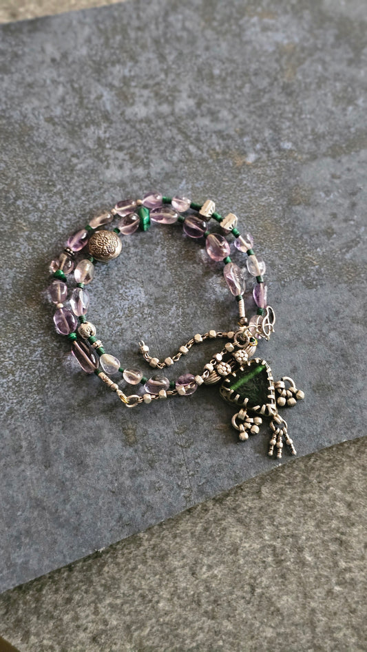 Vintage Glass Pendant Necklace with Amethyst & Malachite in 92.5 Silver