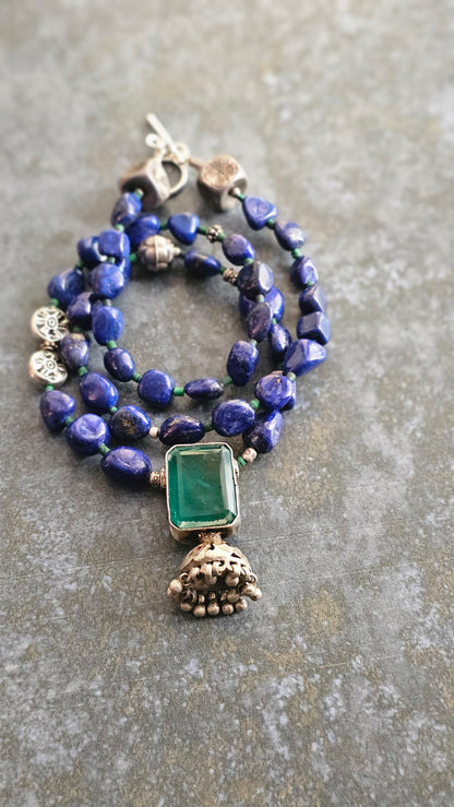 Lapis lazuli nuggets necklace vintage silver pendant