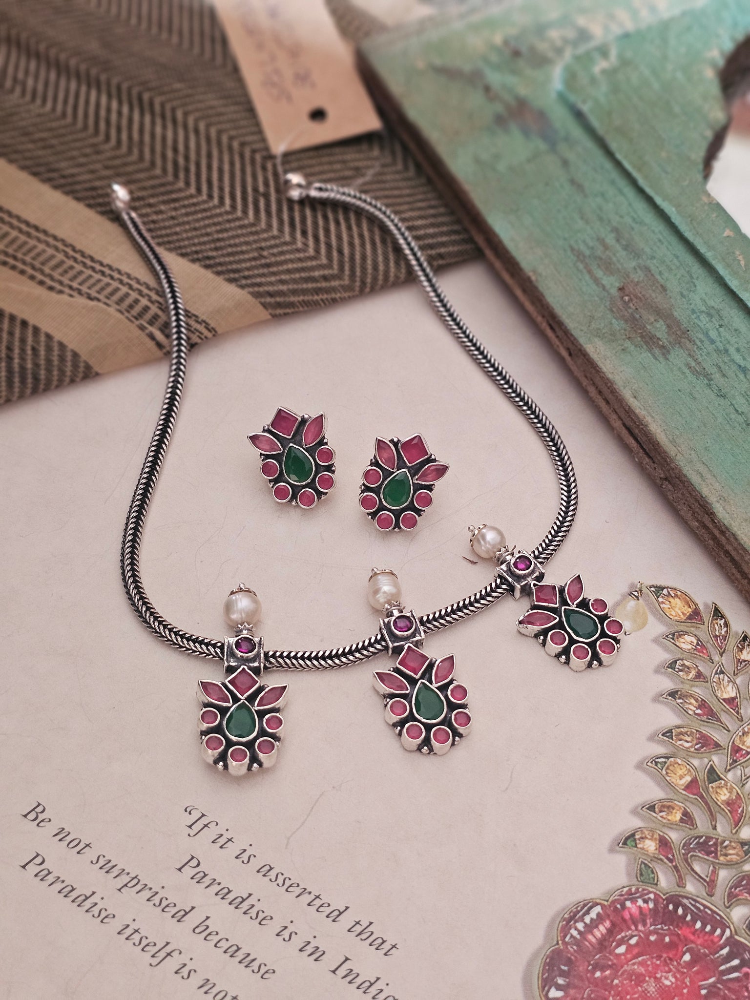 “92.5 Silver Floral Necklace Set with Red Garnet & Green Onyx | Handcrafted Sterling Silver Jewelry by Shopvasuki”