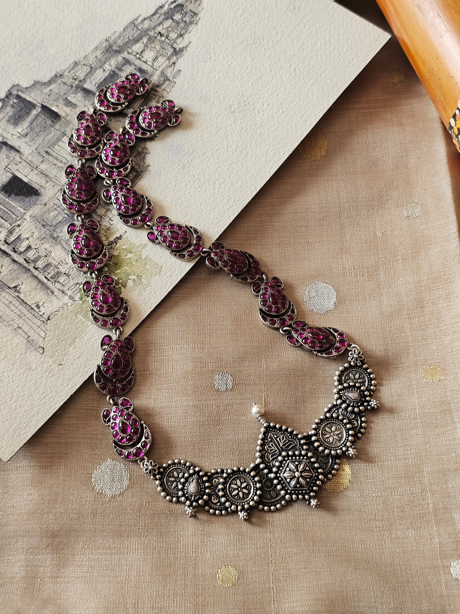 Moon-Shaped 92.5 Silver Pendant Necklace with Kolhapur Motifs & Kempu Chain – Limited Edition