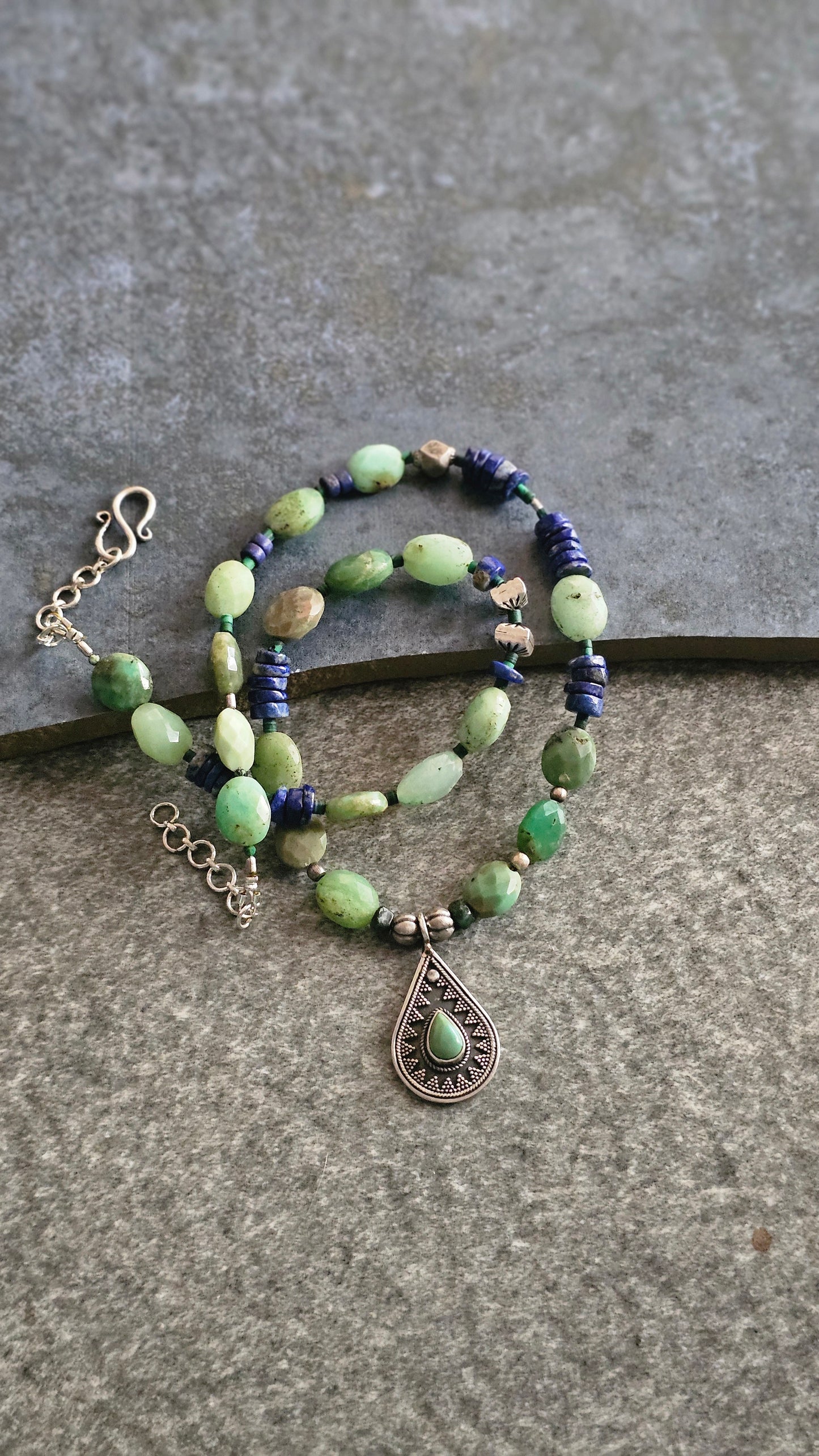 Olive green Chrysoprase & Lapis Statement Necklace in 92.5 Silver