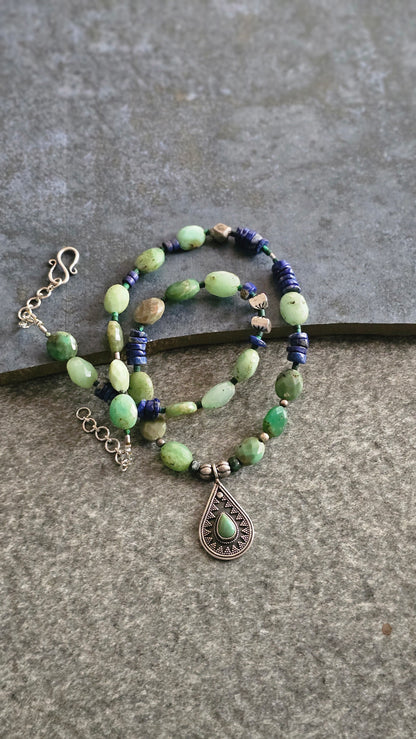 Olive green Chrysoprase & Lapis Statement Necklace in 92.5 Silver