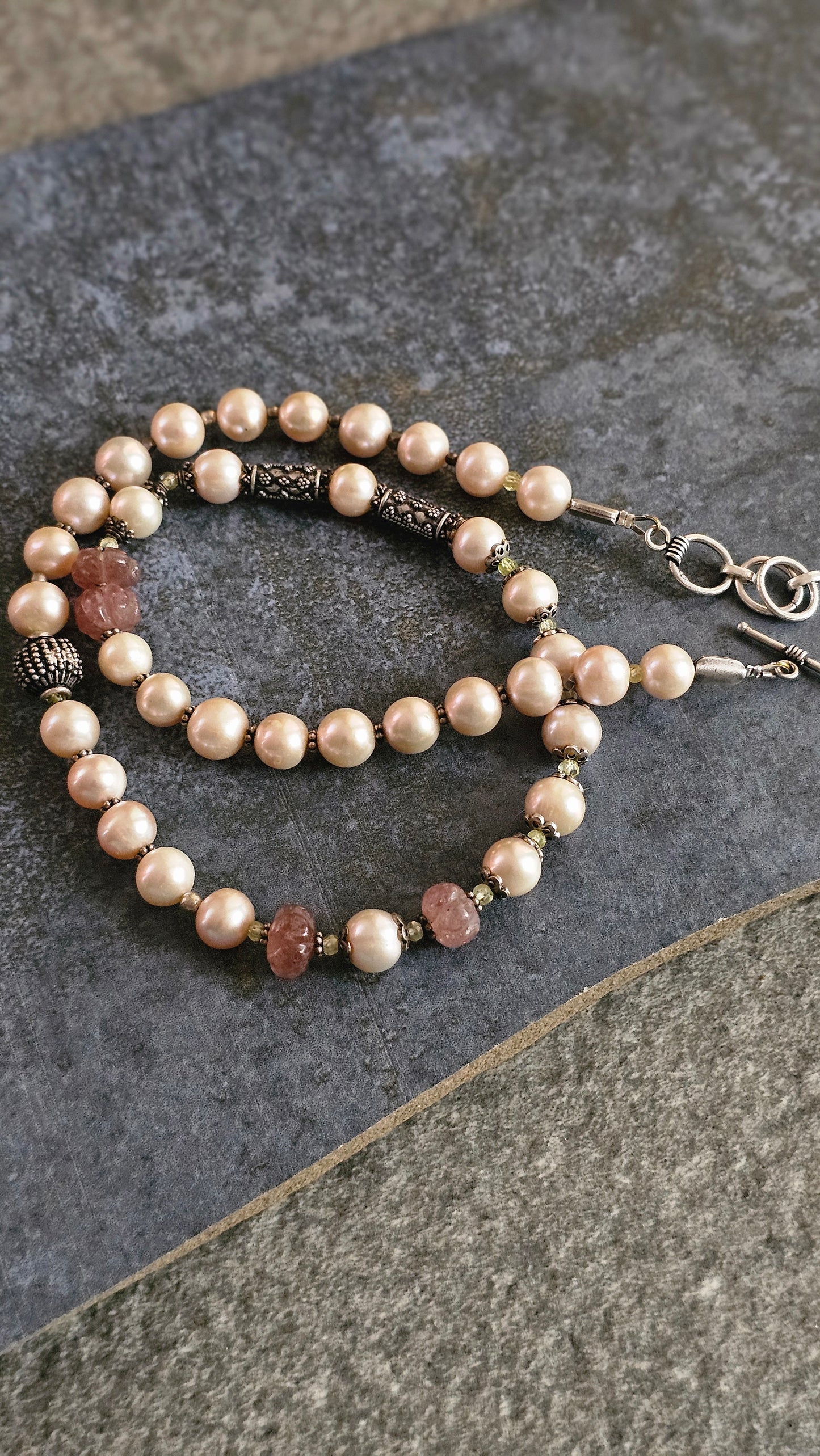 Champagne Pearl & Strawberry Quartz Statement Necklace
