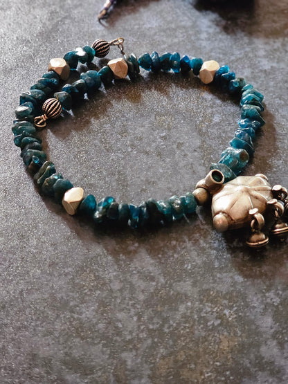 Apatite Blue Necklace with Vintage Silver Pendant & Adjustable Tassel