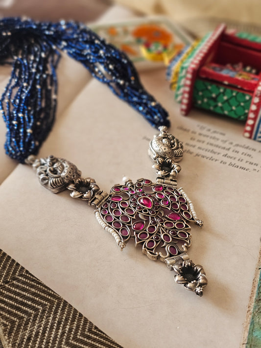 Gandaberunda Necklace in 92.5 Silver with Kempu Stones & Iolite Beads | Shopvasuki