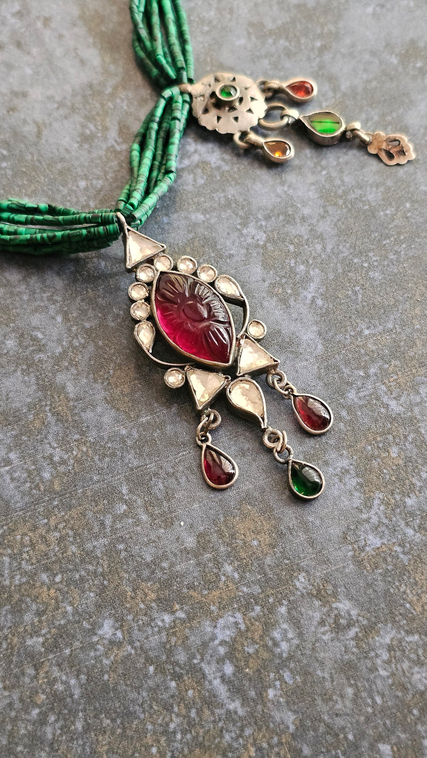 Malachite carved garnet and vintage silver necklace