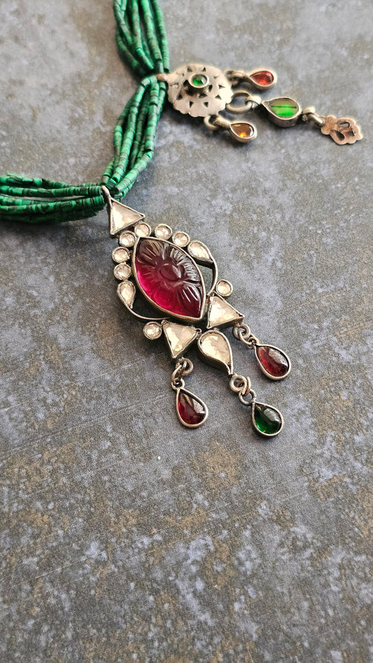 Malachite carved garnet and vintage silver necklace
