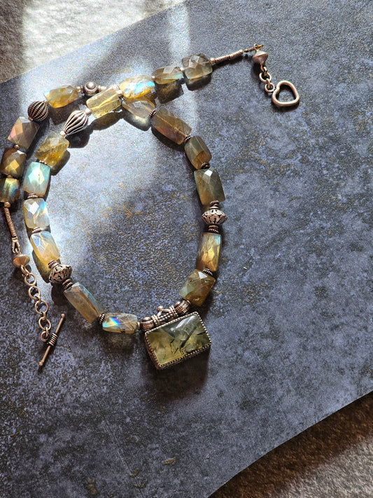 Phrenite moss Agate and labrodrite necklace