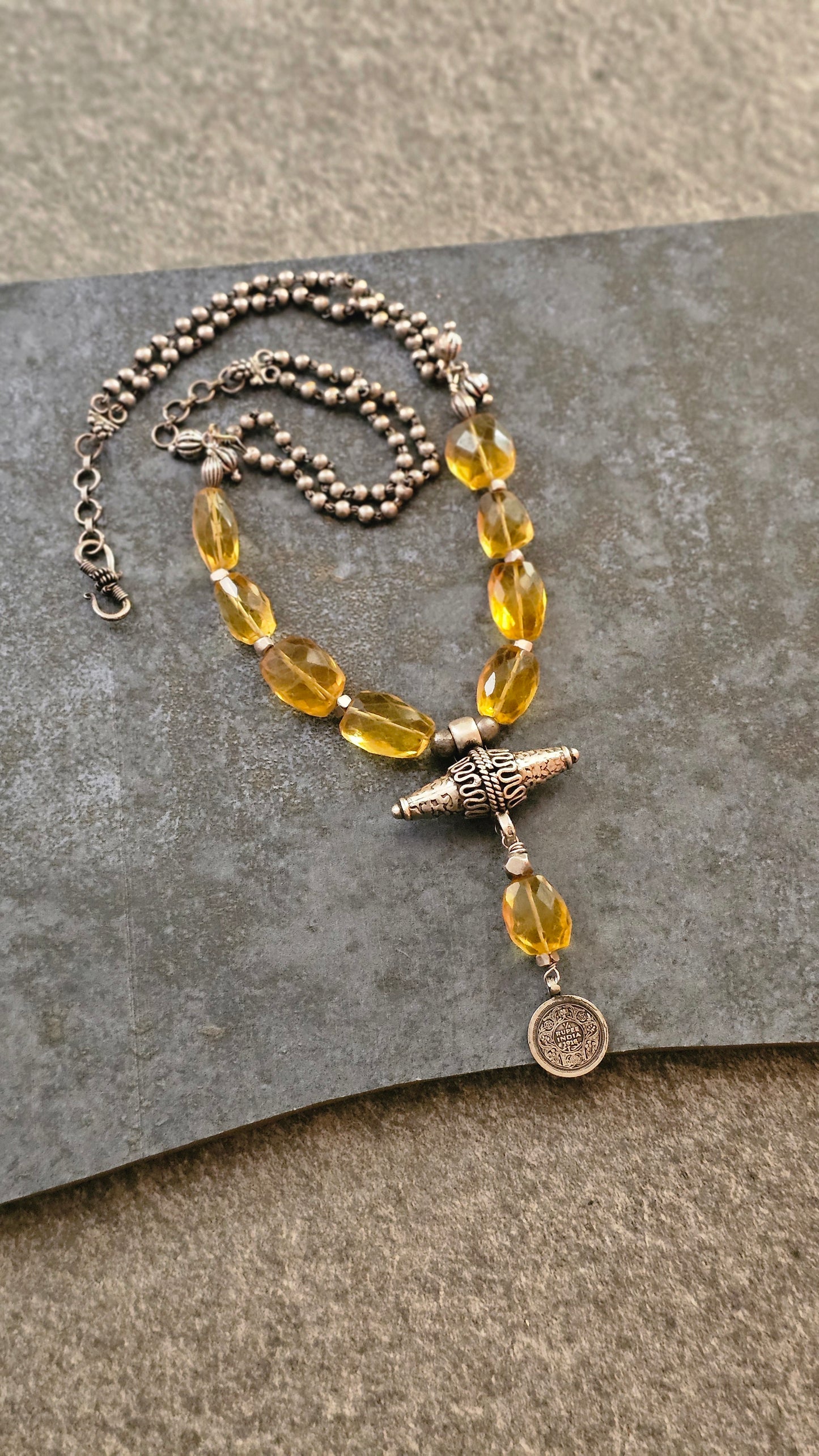 Yellow citrine quartz necklace vintage silver coin pendant