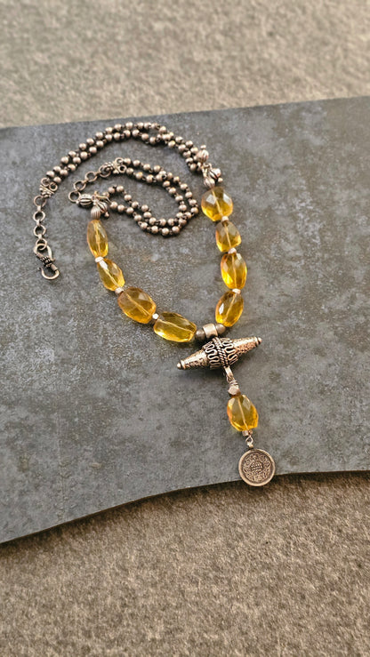 Yellow citrine quartz necklace vintage silver coin pendant