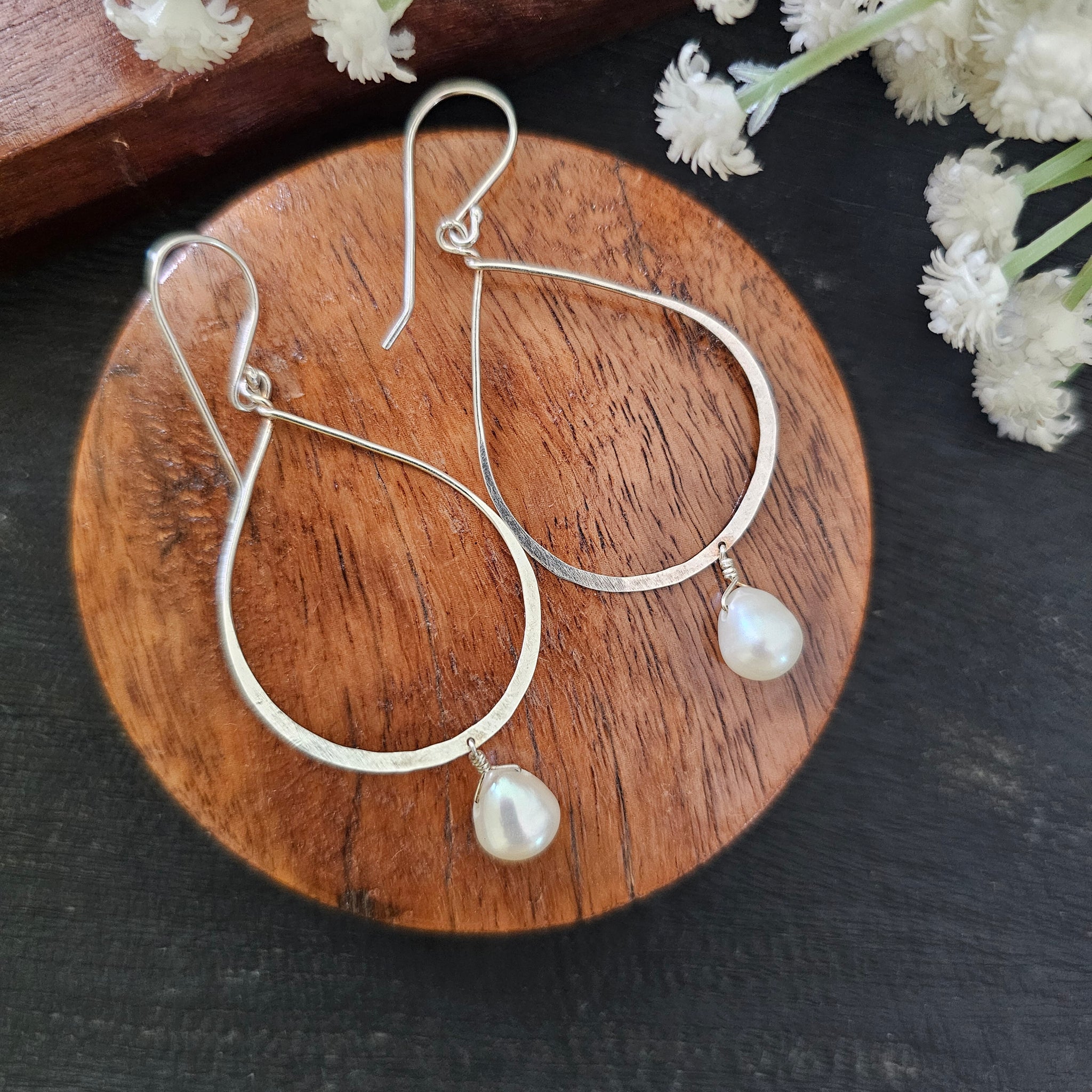 Silver and fresh water pearl hoops