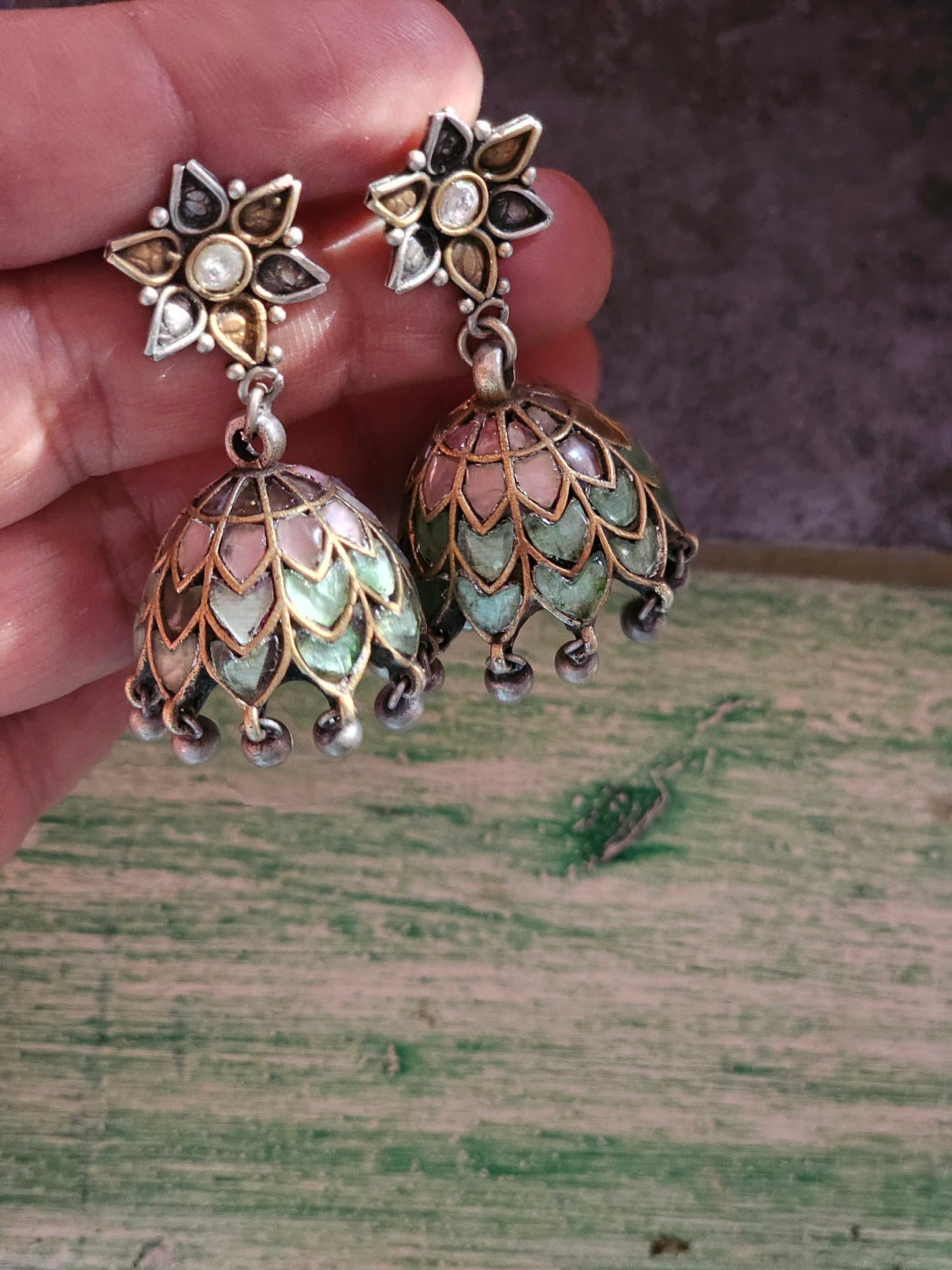Pink and teal enamel jhumkis
