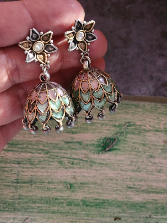 Pink and teal enamel jhumkis