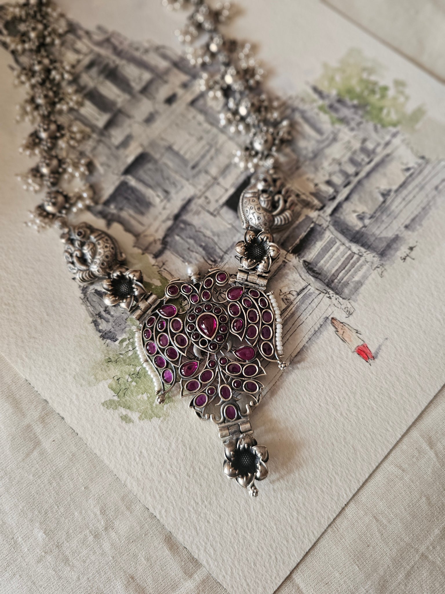 Gandaberunda Pendant Necklace | 92.5 Silver | Kemp Stones & Katori Chain