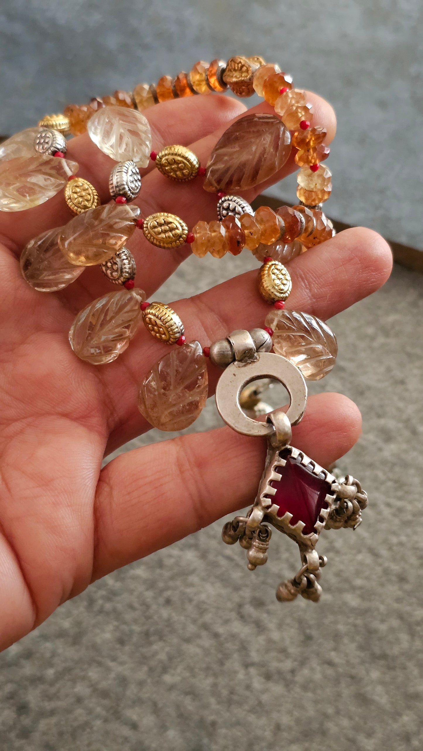 Carved champagne topaz necklace with vintage glass pendant