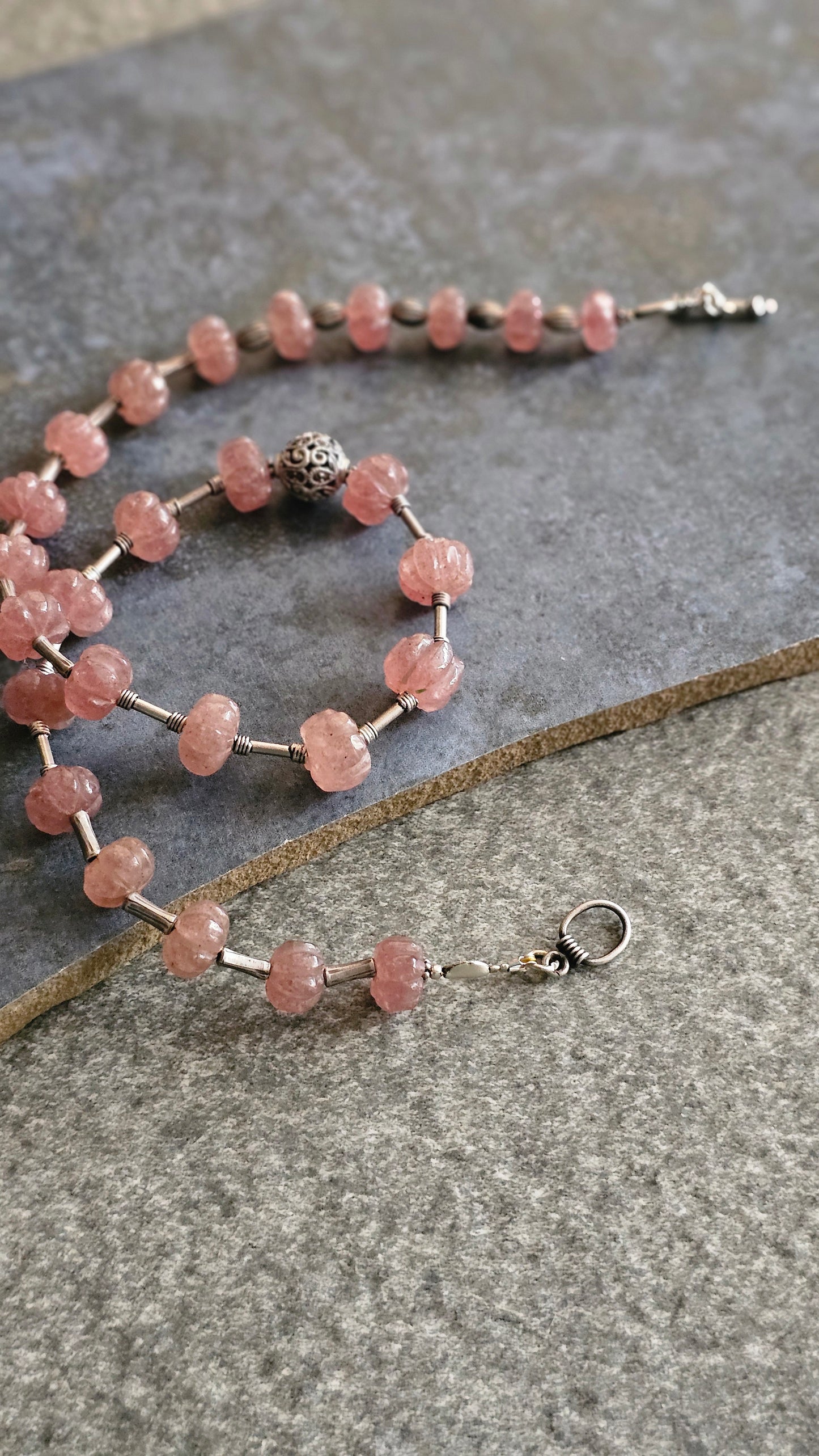 Strawberry quartz in peach color necklace with silver tubes