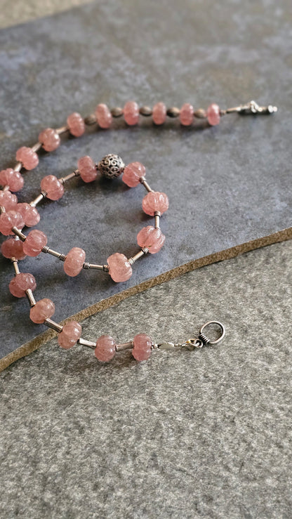 Strawberry quartz in peach color necklace with silver tubes