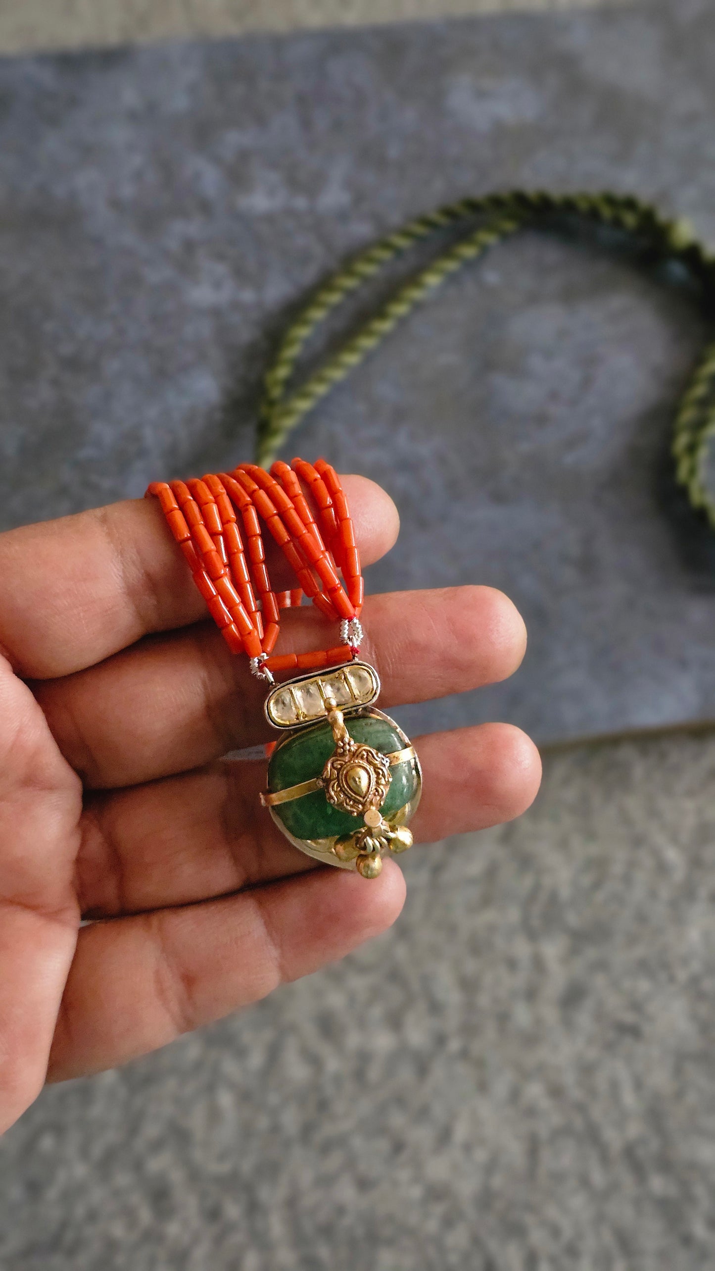 Italian Coral strings necklace with emerald tumble