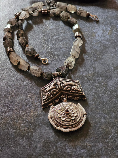 Black Rutilated quartz gemstone necklace nakash pendant