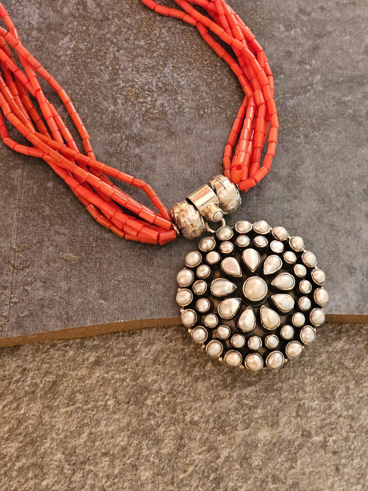 Italian Coral with pearl pendant necklace