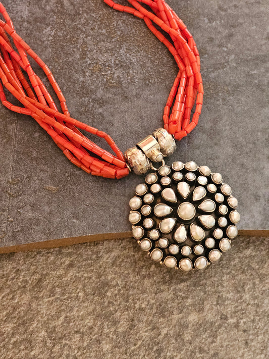Italian Coral with pearl pendant necklace