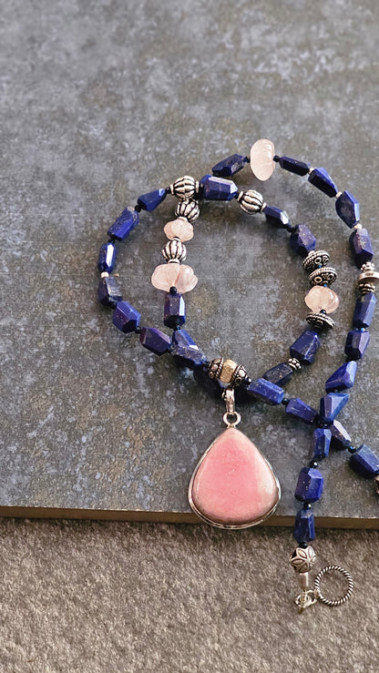 Rhodocrhrosite pendant with faceted Lapis Necklace