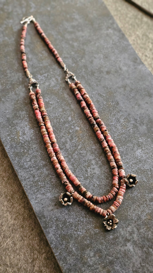 Mrinalini – Rhodonite & Hill Tribe Silver Necklace