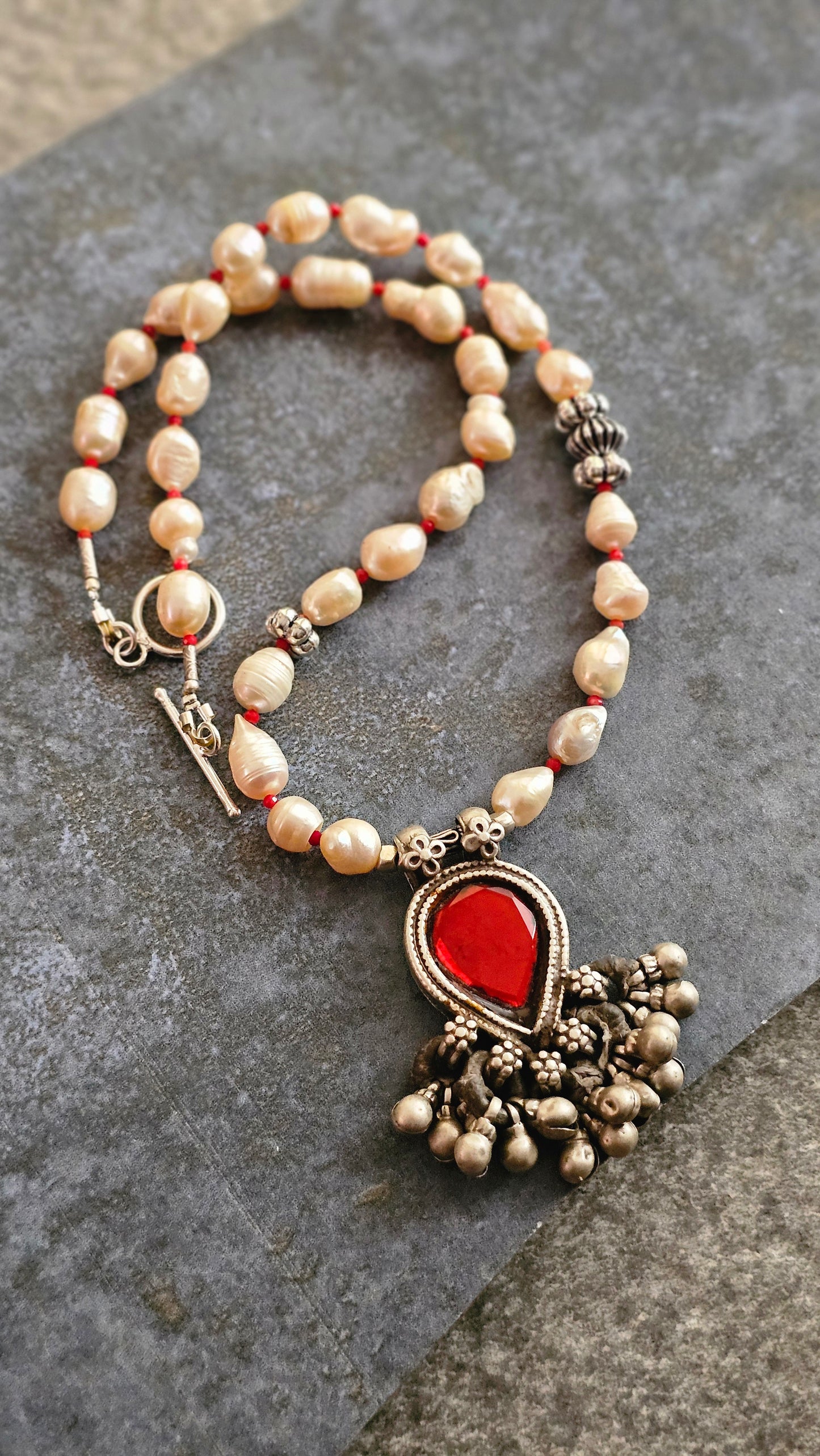 Scarlet Relic|Soul Strung| Freshwater Baroque Pearls × Vintage Blood Red Glass Pendant
